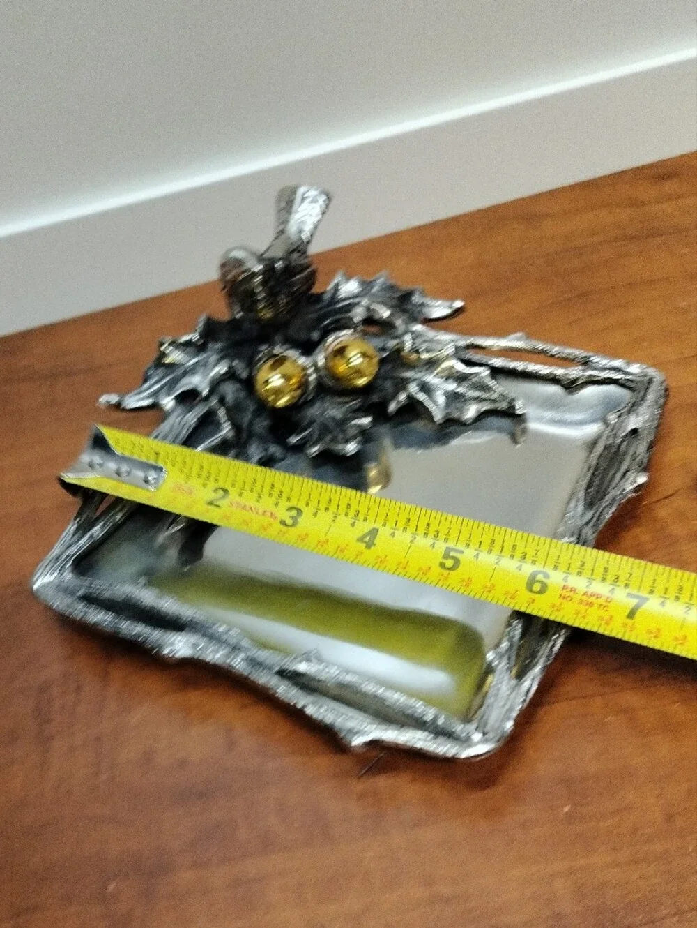 Polished Silver Bird On Oak Brach Tray with Gold Acorns- 7x7